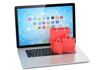 laptop and  shopping pags on white background. 3d rendering.
