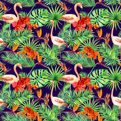 Tropical design: exotic leaves, flamingos, orchid flowers. Seamless pattern. Watercolor © zzorik