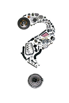 Question mark with auto parts for car. Auto parts for car. Auto parts for shop, aftermarket OEM. Question mark with auto parts. Many auto spare parts isolated in exclamation point