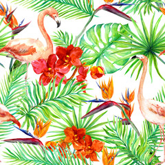 Obraz premium Flamingo, tropical leaves and exotic flowers. Seamless jungle pattern. Watercolor