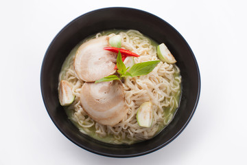 shot ramen isolated in studio on white background,  Fusion food