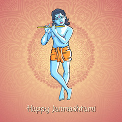 Krishna playing the flute. Vector illustration for the Indian festival of janamashtmi celebration against the background of the mandala