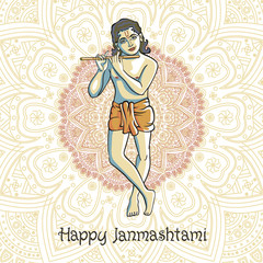 Krishna playing the flute. Vector illustration for the Indian festival of janamashtmi celebration against the background of the mandala
