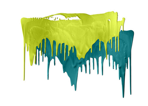 two shades of green paints dripping isolated on white background