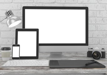 Fototapeta premium Responsive mockup screen. Monitor, tablet, phone on table in office. 3d rendering.