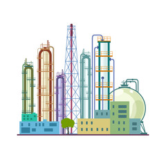 Chemical Plant Isolated on White Background, Refinery Processing of Natural Resources, Industrial Pipes and Tanks, Vector Illustration