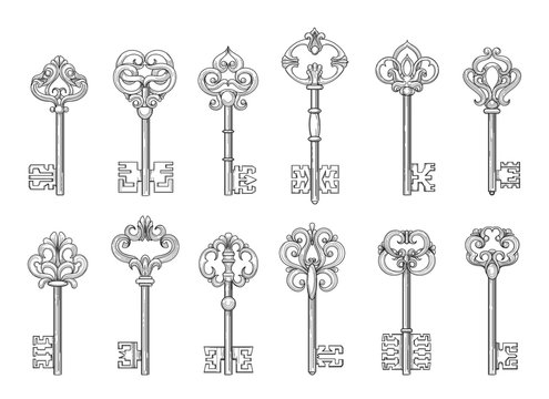 Vintage keys or victorian chaves line icons on white backgroud. Vector illustration