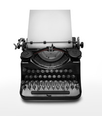 Classic typewriter and empty page against white background. Clipping path.