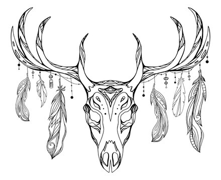 Contour illustration of a deer skull with antlers and feathers with boho pattern. Vector doodle element for printing on T-shirts, tattoo sketch, postcards and your creativity