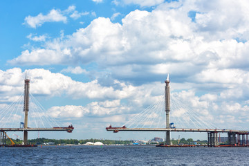 Construction of the cable-stayed bridge across the river Neva, St. Petersburg.