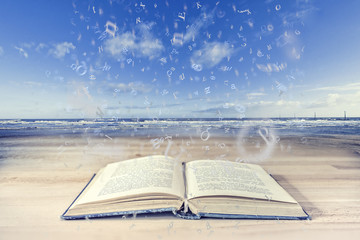 Buchstaben fliegen aus einem Buch am Meer - Fantasie beim Lesen