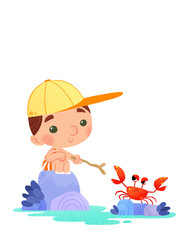 Niño jugando con un cangrejo en la playa.