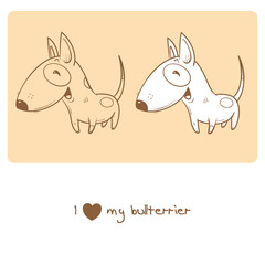 Card with cute cartoon dog breed bullterrier. Children's illustration. Little puppy. Funny baby animal.  Two variants vector contour  image, transparent background and white fill.