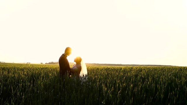Newlyweds hugging in a wheat field.