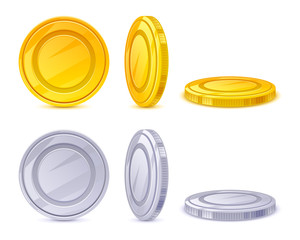 Coins vector icons set - golden and silver.