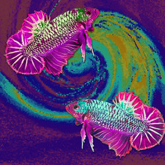 Fish - Siamese Fighting on the mosaic background.