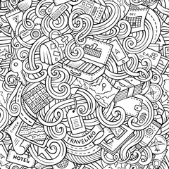Cartoon doodles travel planning seamless pattern