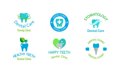 Dentist logo implants vector medical symbol collection. Clean dentist logo bright designs medical icon health care. Healthy hygiene dentist logo, oral blue logotype implant dent business shape.