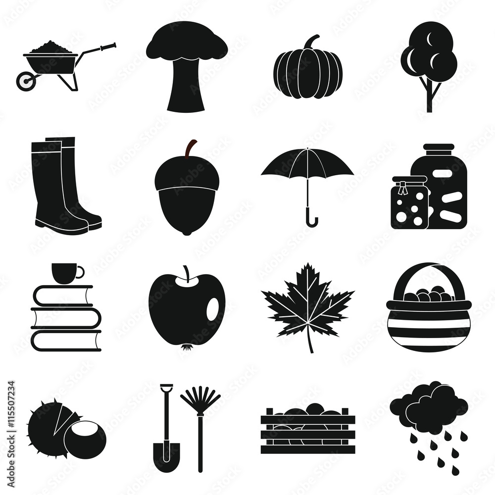 Poster autumn icons set in simple ctyle. autumn elements set collection vector illustration