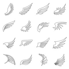 Wing icons set in outline ctyle. Birds and angel wings set collection vector illustration