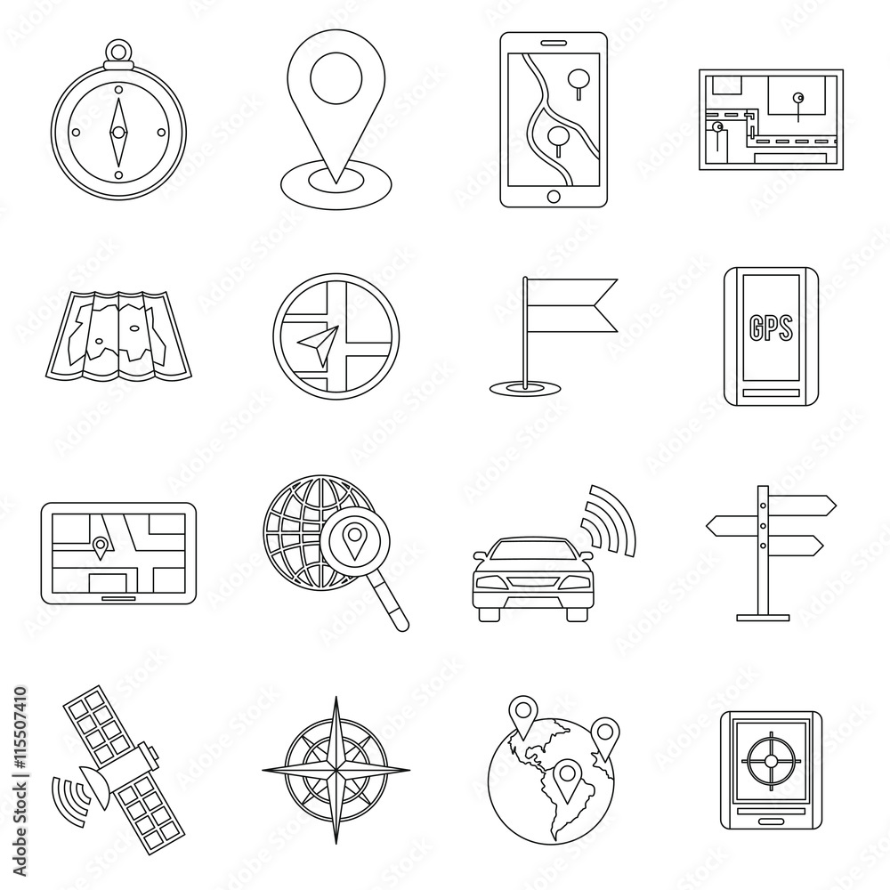 Poster navigation icons set in outline ctyle. location on terrain set collection vector illustration