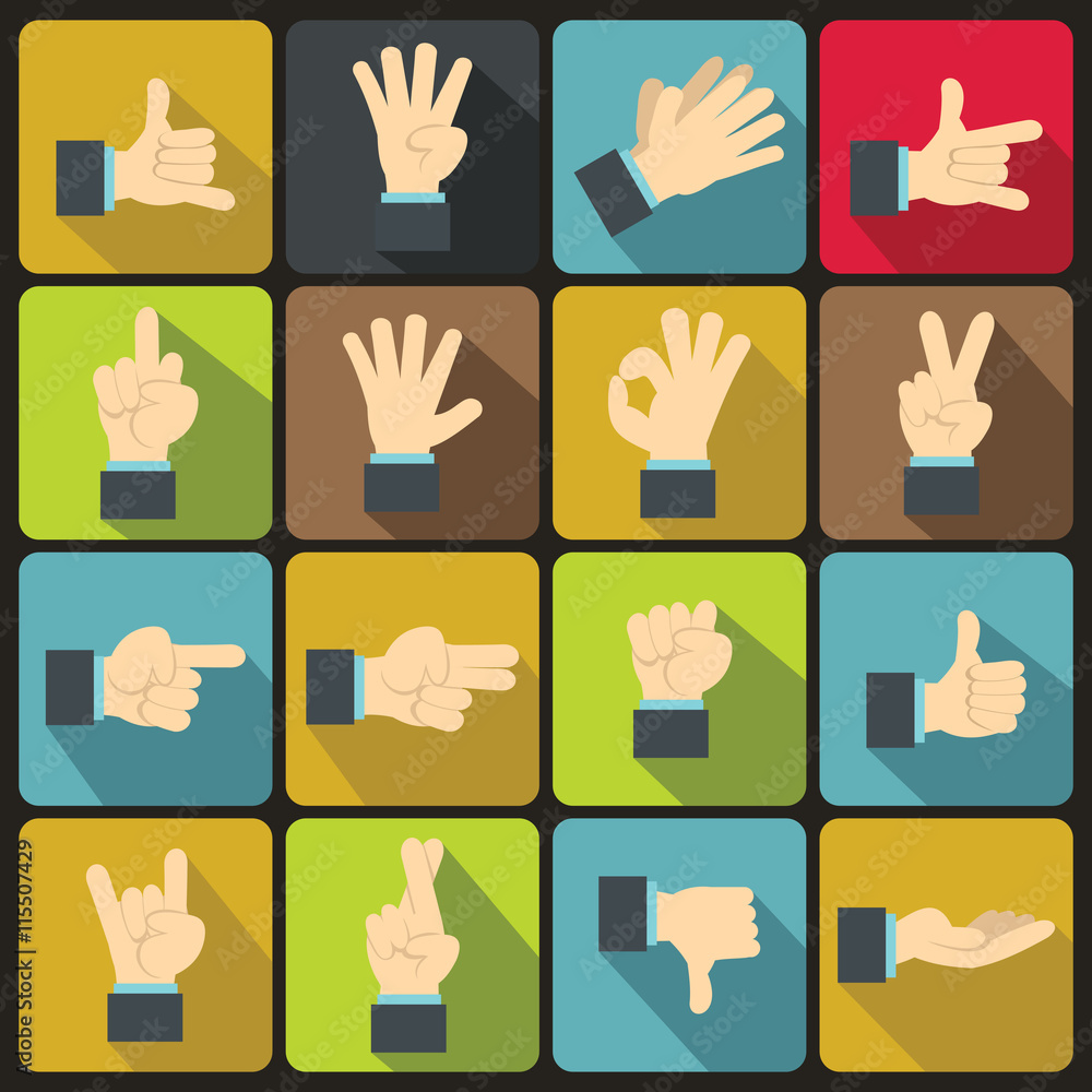 Poster hand gesture icons set in flat ctyle. finger language set collection vector illustration