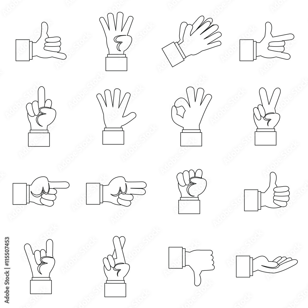 Poster hand gesture icons set in outline ctyle. finger language set collection vector illustration