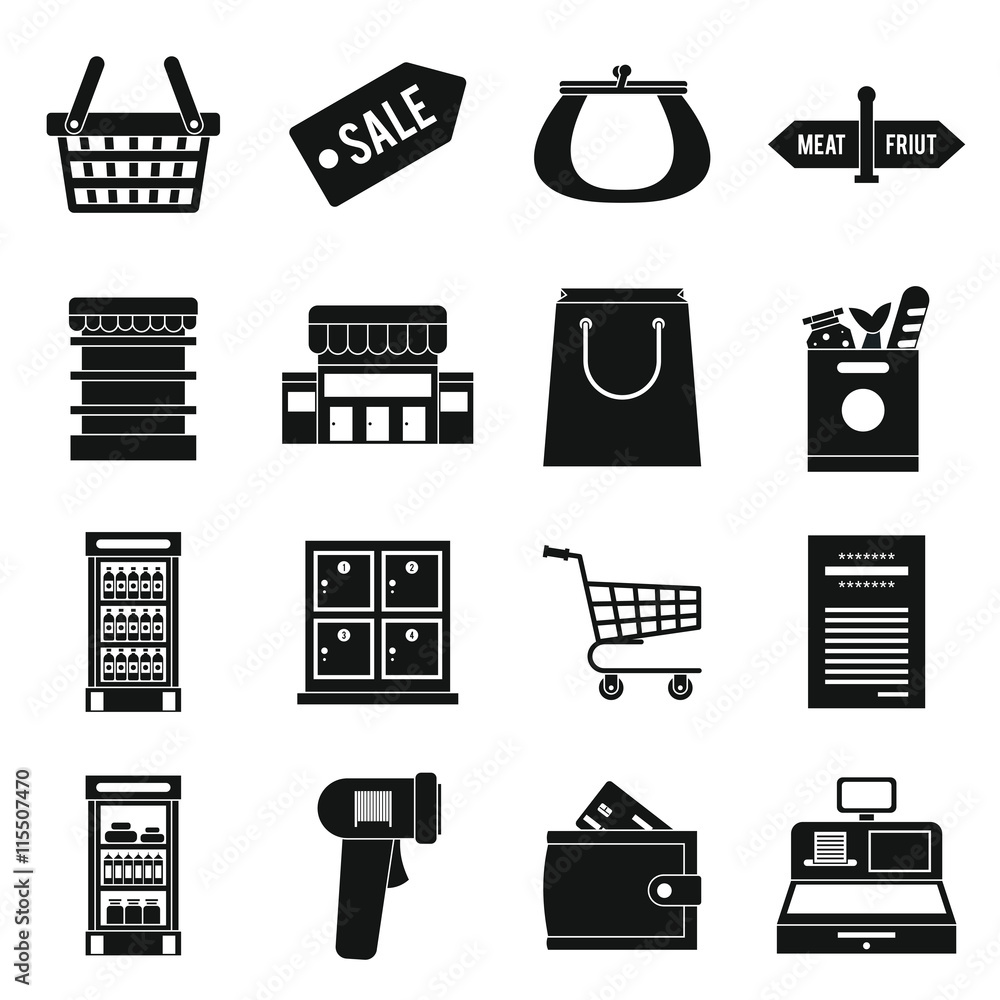 Poster supermarket icons icons set in simple ctyle. shopping elements set collection vector illustration