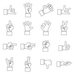 Hand gesture icons set in outline ctyle. Finger language set collection vector illustration