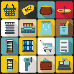 Supermarket icons set in flat ctyle. Shopping elements set collection vector illustration