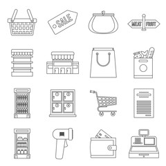 Supermarket icons icons set in outline ctyle. Shopping elements set collection vector illustration