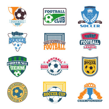 Set of soccer football badge logo design templates. Sport team identity football logo vector isolated on white background. Collection of soccer themed football logo graphics emblem game icon.