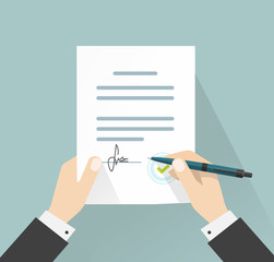 Agreement or contract deal businessman signing document vector illustration, man hands holding policy signed and pen, legal from with signature and stamp top view, flat cartoon design