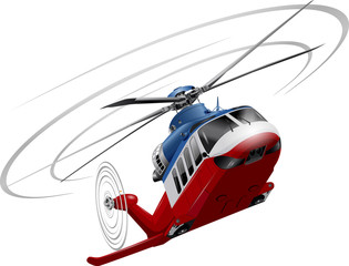 Kleurenafbeelding van een helikopter (rood-wit-blauw) op een witte achtergrond. Hoog detail.