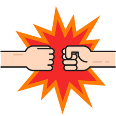 Two fists bumping together vector illustration, two hands with fists in air punching, concept of fight, strength cartoon gesture on white background, flat line outline art
