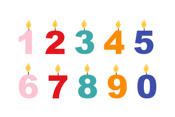 Vector numbers candles in flat style. Candles light flame christmas candlelight wax decoration. Celebration numbers glowing religion candles birthday traditional decoration. Romance night bright flame
