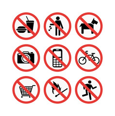Prohibition signs set vector illustration. Warning danger symbol prohibiting signs. Forbidden safety information prohibiting signs. Protection signs no pet warning information sign.