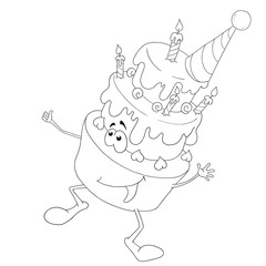 Cheerful cartoon character cake. Birthday cake with candles.