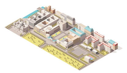 Vector Isometric infographic element representing low poly map of Berlin, Germany. Includes Reichstag building, Brandenburg gate, Holocaust memorial and nearby street buildings