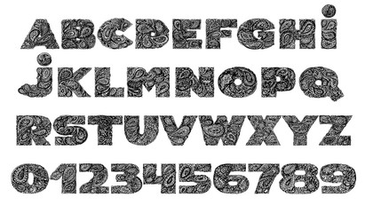 Decorative Alphabet with a paisley zen doodle tattoo ornaments f