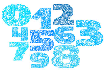 Numbers decorative set with a paisley zen doodle tattoo ornament