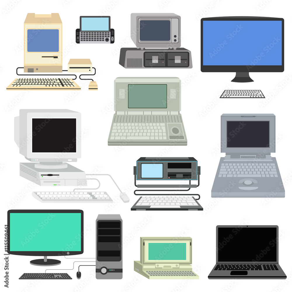 Poster computer technology vector set isolated display. telecommunication equipment metal pc monitor frame 