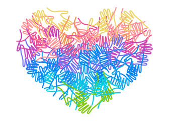 People colorful hands united together in heart form.