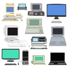 Computer technology vector set isolated display. Telecommunication equipment metal pc monitor frame computer modern office network. Old computer device electronic black equipment space.