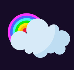 Vector illustration of cool single cloud and rainbow. Rain cloud with rainbowin dark sky. Rain weather sky climate storm symbol cloud. Cold season water nature forecast element.