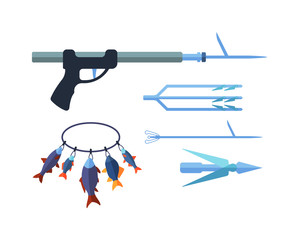 Flat design icon of fishing speargun fish gun. Vector illustration fish gun weapon. Underwater fishing gun icon design and speargun underwater equipment spearfishing. Professional sharp speargun.