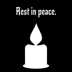 Simple obituary, banner. White silhouette of a single candle, text RIP. Isolated on a black background.
