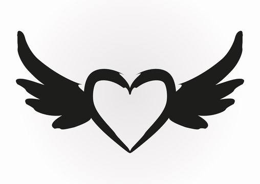 Abstract image of a heart with wings. Brush, black. Isolated.