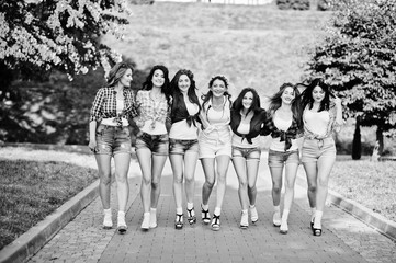 Seven happy and sexy girls on short shorts posed and having fun