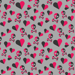 Skulls and hearts seamless pattern on a gray background.